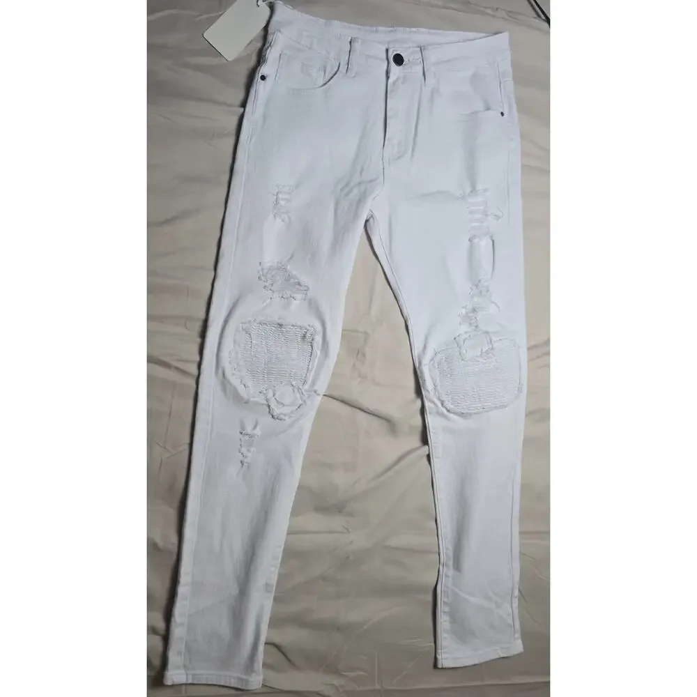 Men’s White Ripped Moto Biker Jeans Distressed Ribbed Panel Streetwear
